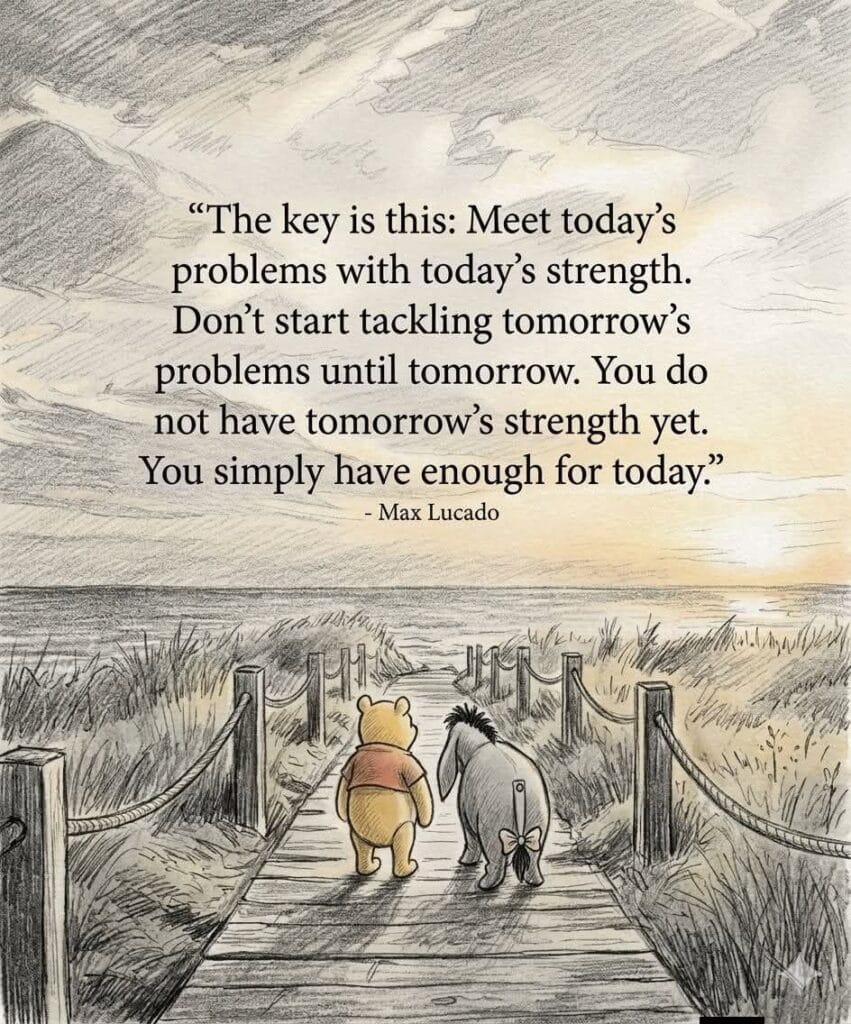 Winnie the Pooh and Eeyore walking together, with a Max Lucado quote on facing today with today's strength
